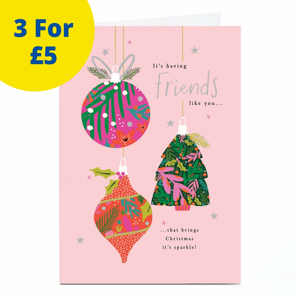 Image of Christmas Card - Pink with Colourful Baubles, Friends | Christmas Cards