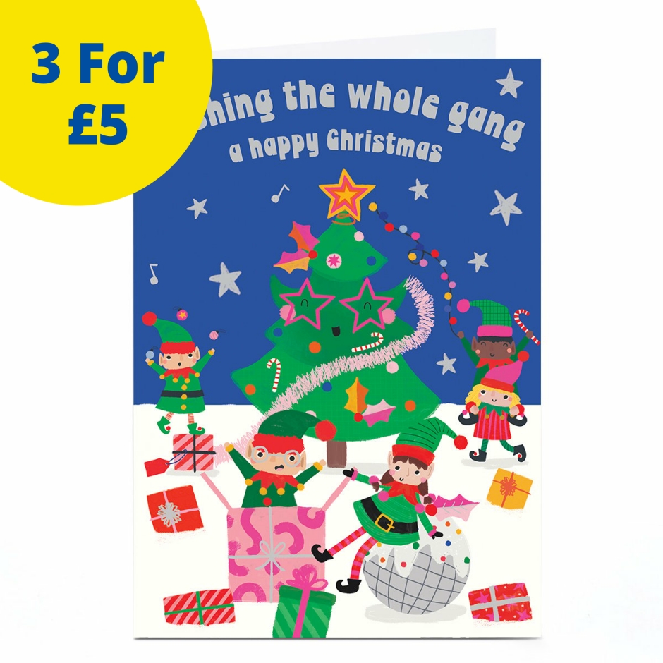Image of Christmas Card - Elves Around Tree, To All the Family | Christmas Cards
