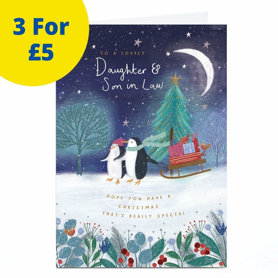 Image of Christmas Card - Penguins With Sledge of Presents, Daughter &amp; Son-in-Law | Christmas Cards