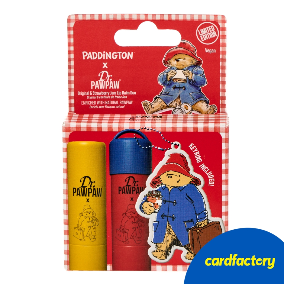 Image of Dr.PAWPAW Paddington Lip Balm Duo | Original &amp; Strawberry Jam | 100% Natural | Nourishing Ingredients | Handy Keyring | 2 x 4g