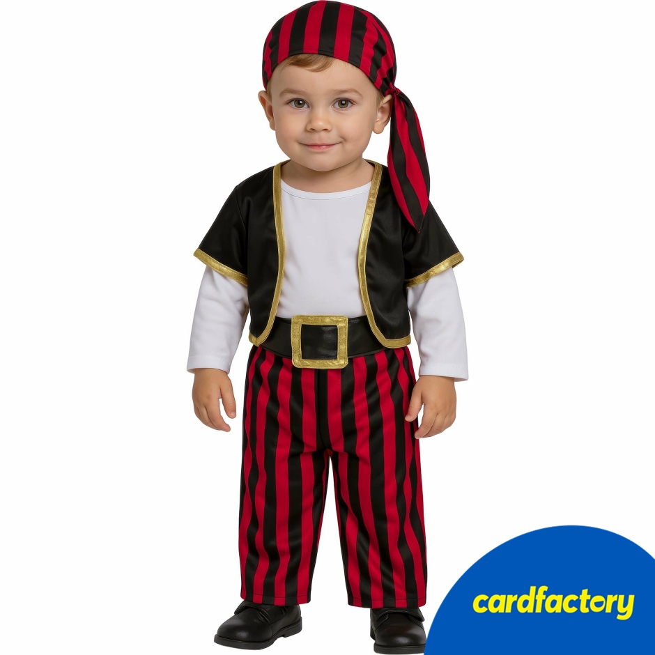 Image of Baby Pirate Fancy Dress Costume | Adorable Baby Outfit | Includes Striped T-Shirt, Vest, Belt, Trousers, Scarf | 100% Polyester | Fire Retardant Fabric | Sizes 12–18 Months, 18–24 Months