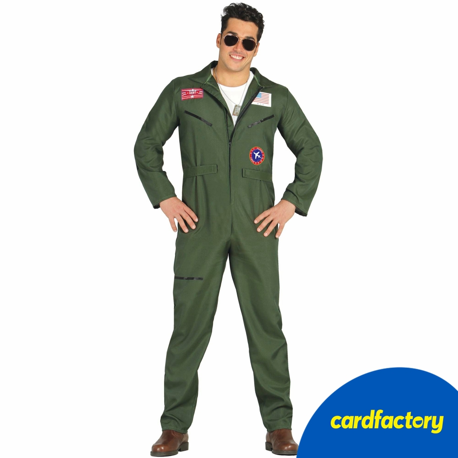Image of Adult Fighter Pilot Fancy Dress Costume | Green One-Piece | 100% Polyester | Sizes S-XXL