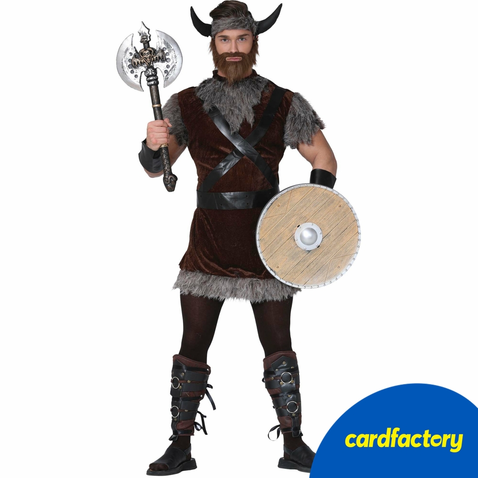 Image of Viking Man Adult Fancy Dress Costume | Authentic Viking Look | Includes Headband, Belt, Horns, and Muff | 100% Polyester | Sizes L, XL