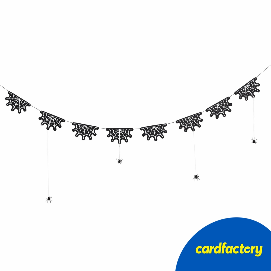 Image of Cobweb Card Garland With Hanging Spiders 2m