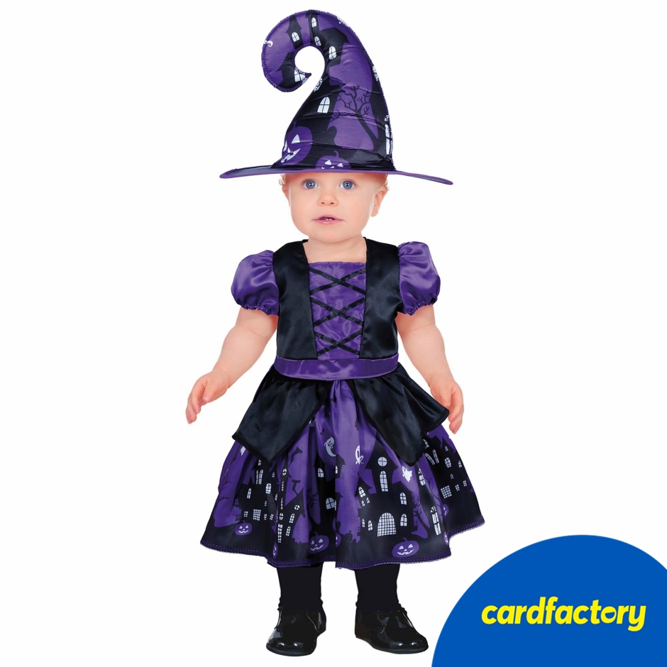 Image of Purple Witch Infant Fancy Dress Costume | Black &amp; Lilac | 100% Polyester | Includes Dress &amp; Hat | Sizes 12–18 Months, 18–24 Months, 2–3 Years