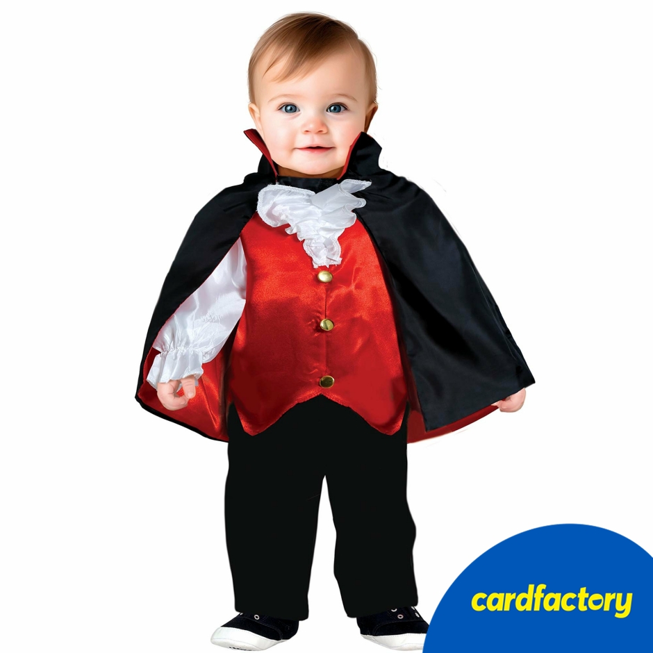 Image of Infant Vampire Fancy Dress Costume | Black &amp; Red T-Shirt, Cape, Trousers | 100% Polyester | 12-24 Months