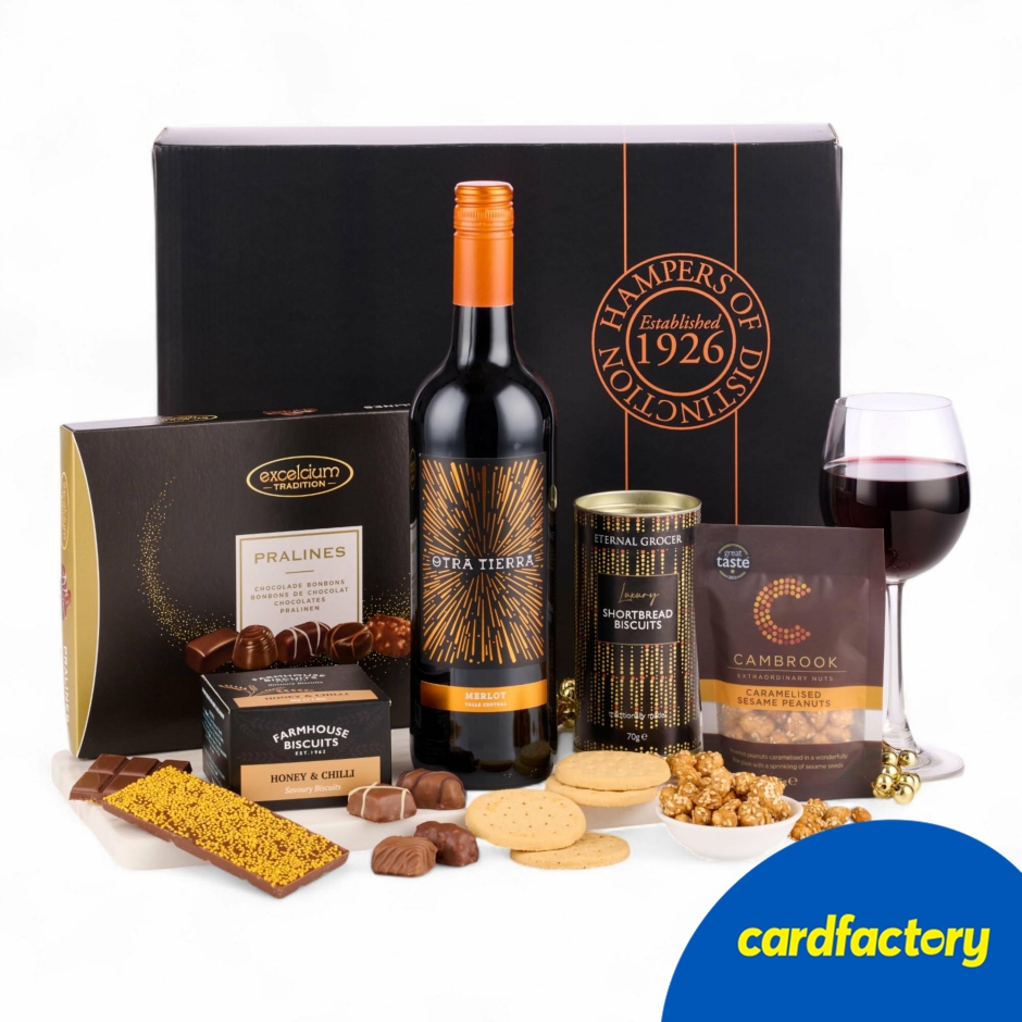 Image of The Celebration Red Wine Hamper | Luxury Wine &amp; Treats Gift | Chilean Merlot with Sweet &amp; Savoury Gourmet Selection