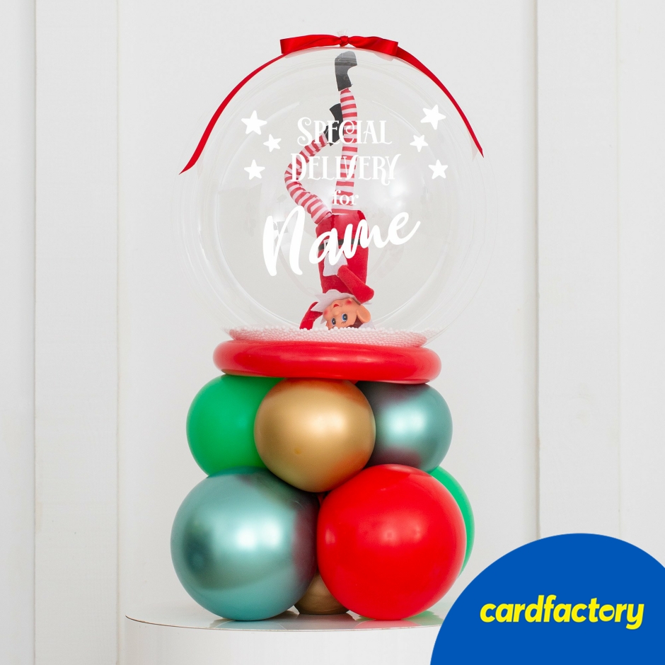 Image of Elf Arrival Personalised Merry &amp; Bright Snow Globe Bubble Stack - Delivered Inflated!
