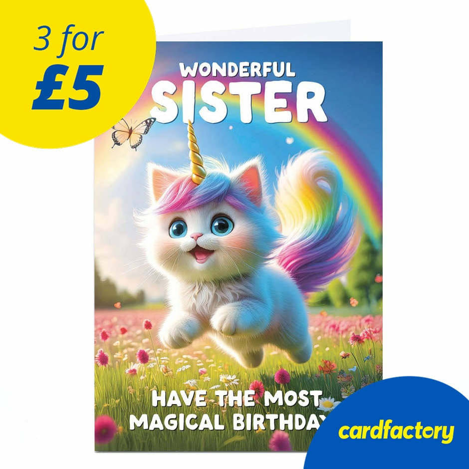 Image of Birthday Card - Magical Rainbow Kitty Unicorn, Sister