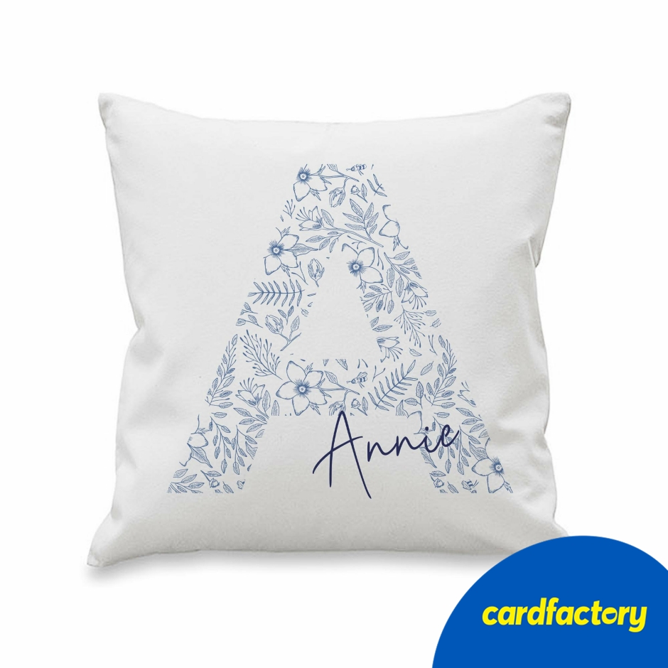 Personalised Floral Blue Initial Cushion
