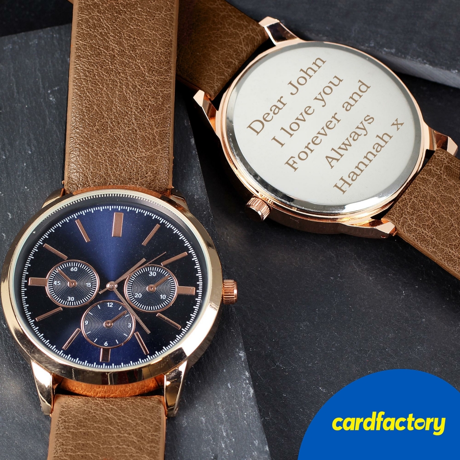 Image of Personalised Men's Rose Gold Tone Watch with Brown Strap &amp; Presentation Box