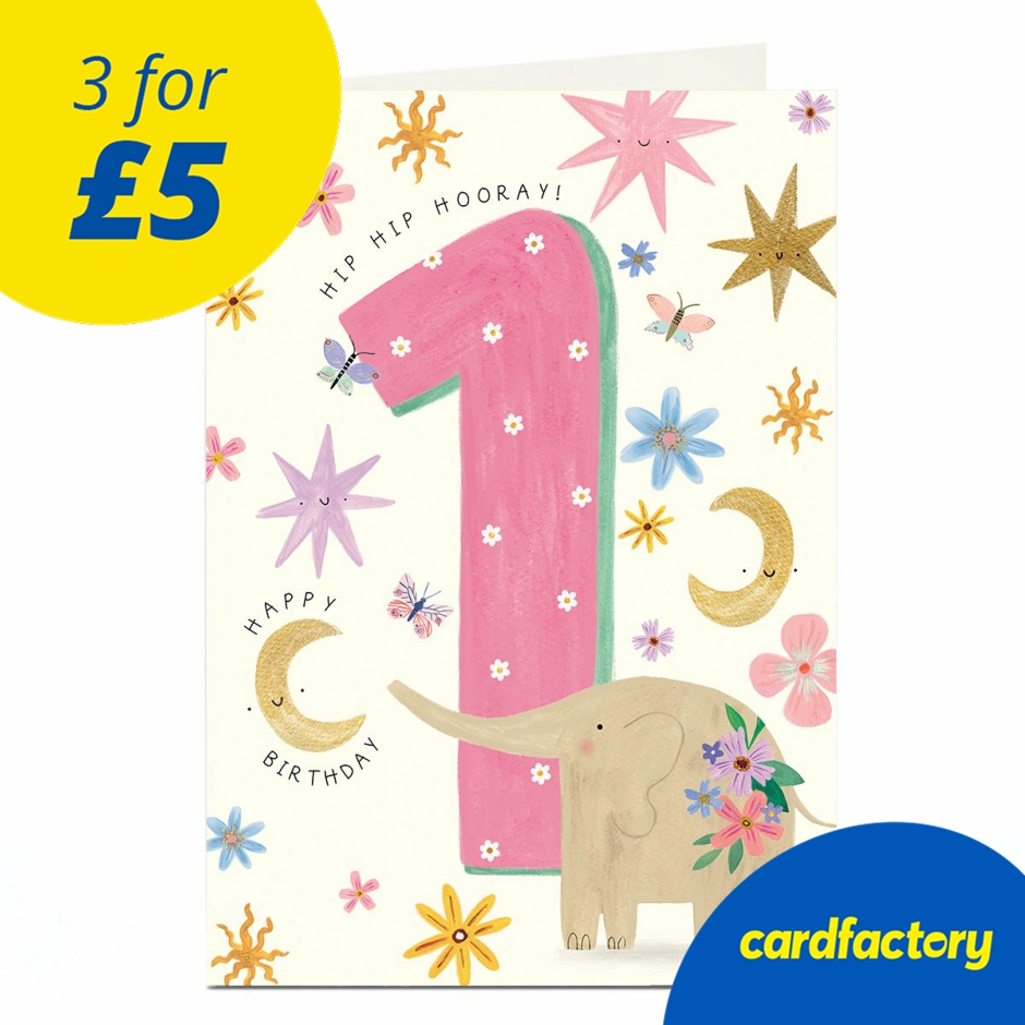 Image of 1st Birthday Card - Pink Elephant Moons and Stars