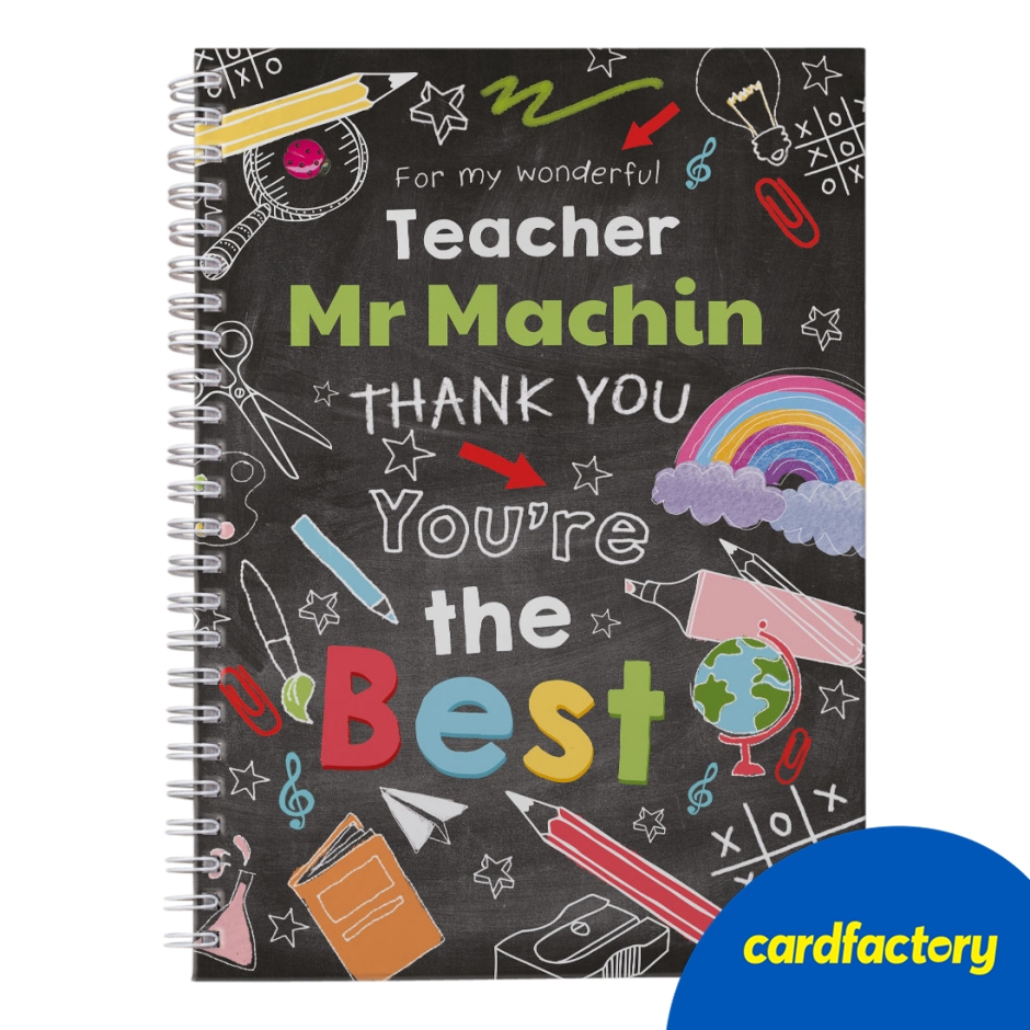 Image of Personalised Thank You Teacher Notebook | Chalkboard Design | Custom Message | A5 or A4 Size Options | Perfect End-of-Year Gift
