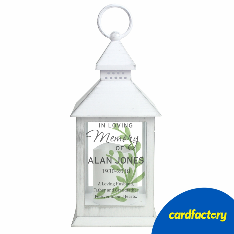 Image of Personalised Memorial Gift LED White Lantern | In Loving Memory Keepsake | Indoor Use Only | H 26cm x W 10.5cm x D 10.5cm
