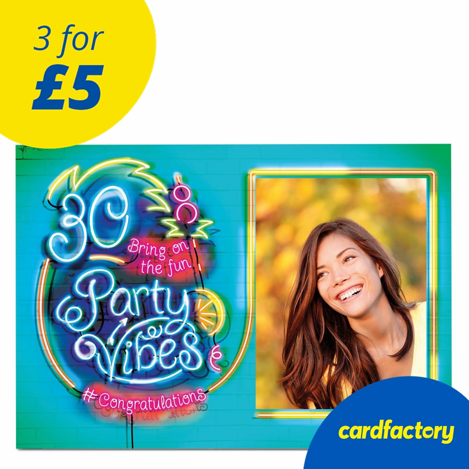 Photo 30th Birthday Card - Party Vibes, Neon Lights