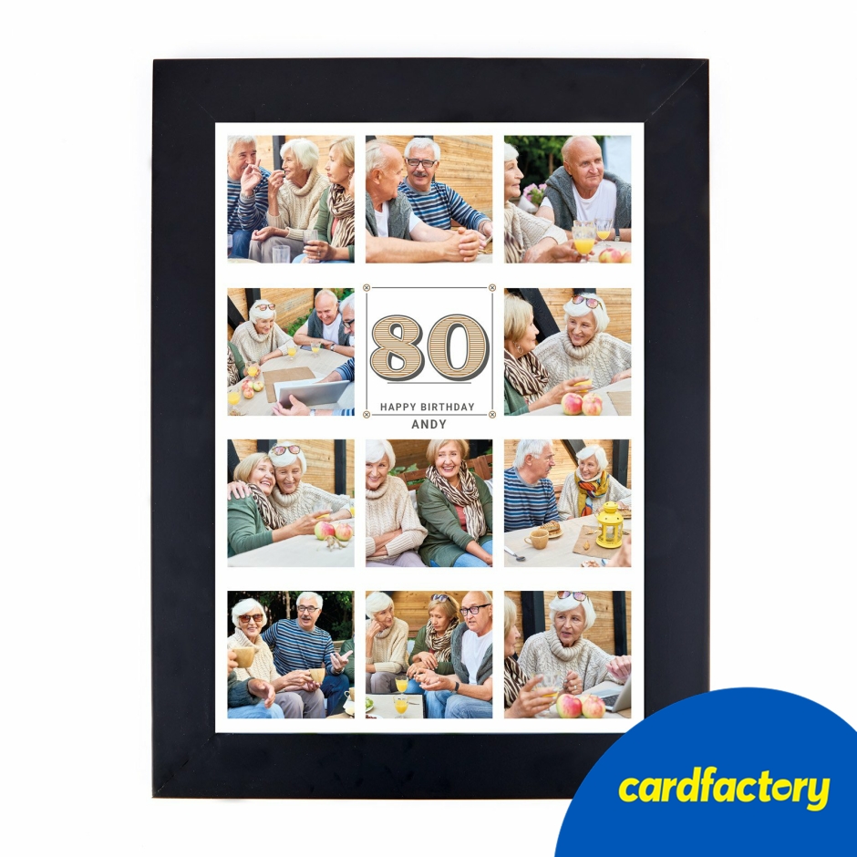Image of Personalised Milestone Age Photo Collage Print | 80th Birthday Keepsake | Framed A3 Art Print | Perfect Gift for Special Memories