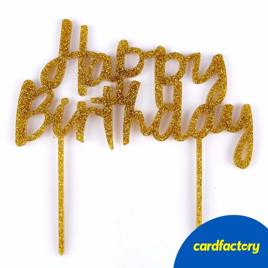Image of Gold Glitter Acrylic Happy Birthday Cake Topper | Reusable Decorative Accessory | 13cm x 13cm | Food Safe