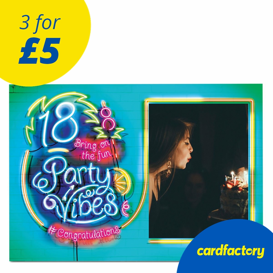 Photo 18th Birthday Card - Party Vibes, Neon Lights