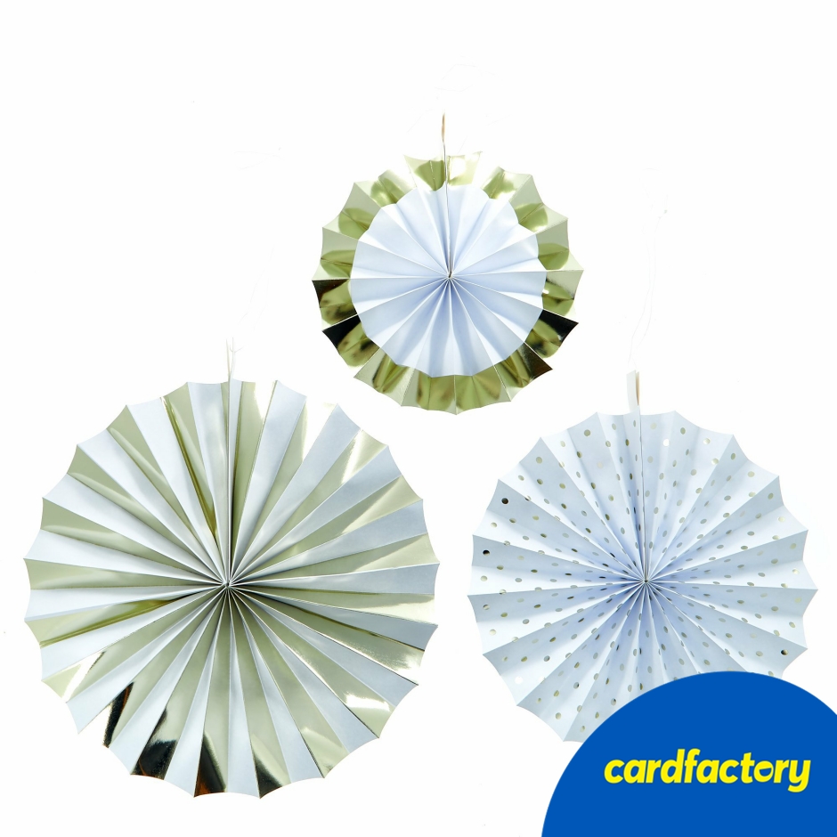 Image of White &amp; Gold Paper Fan Decorations - Pack Of 3