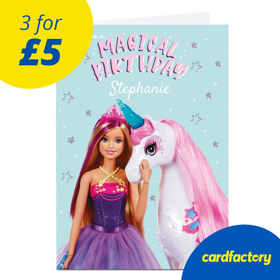 Personalised Barbie Birthday Card | Magical Unicorn Design | Quality Paper Board | Available in 3 Sizes | Ideal for Special Occasions