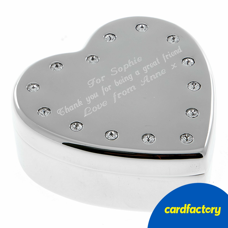 Image of Personalised Engraved Heart-Shaped Jewellery Box | Diamante Accents | Velvet Lining | Stainless Steel | H8.5 x W8 x D3.7cm | Elegant Storage Solution