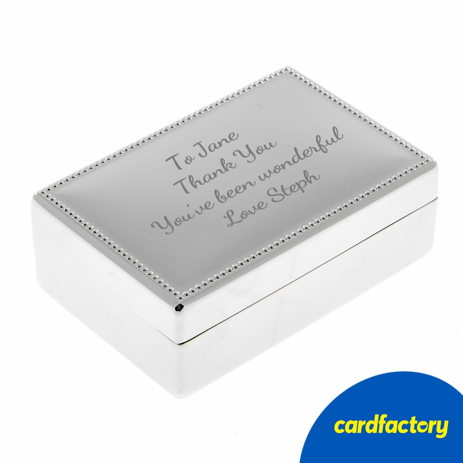 Engraved Silver Rectangular Beaded Jewellery Box | Personalised Silver Jewellery Box | Cardfactory
