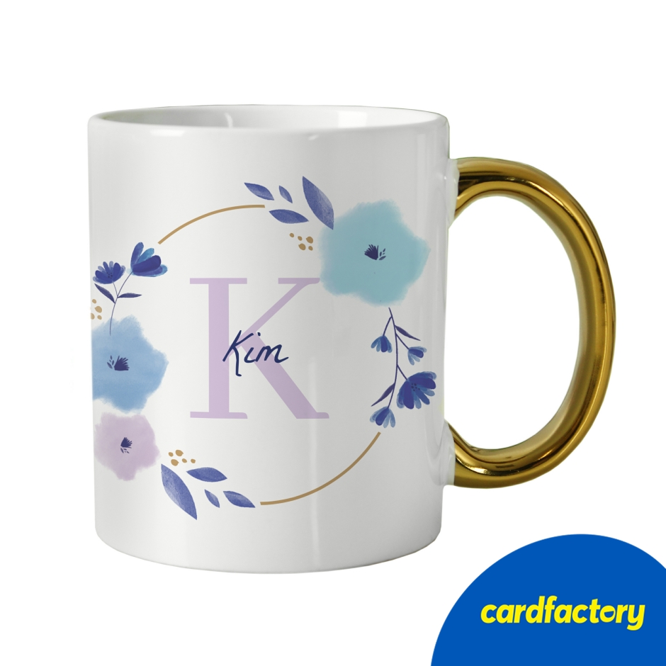 Image of Personalised Floral Initial Gold Handled Mug