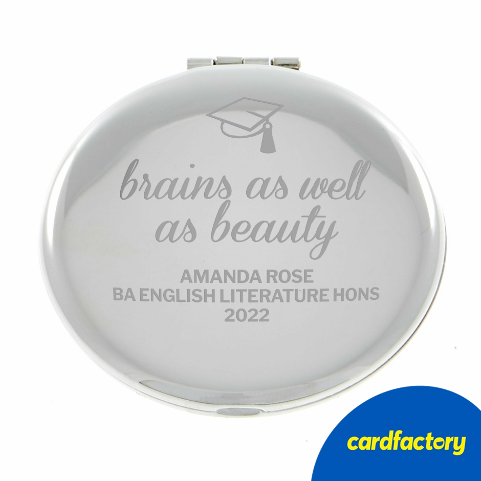 Image of Personalised Engraved Silver Round Compact Mirror - Brains &amp; Beauty