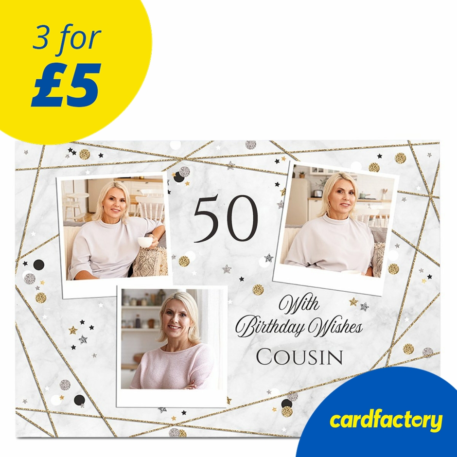 Image of 50th Birthday Card - Polaroid Sparkles Design | Editable Age | Quality Paperboard | UV Gloss Finish | Available in 3 Sizes | UK Printed