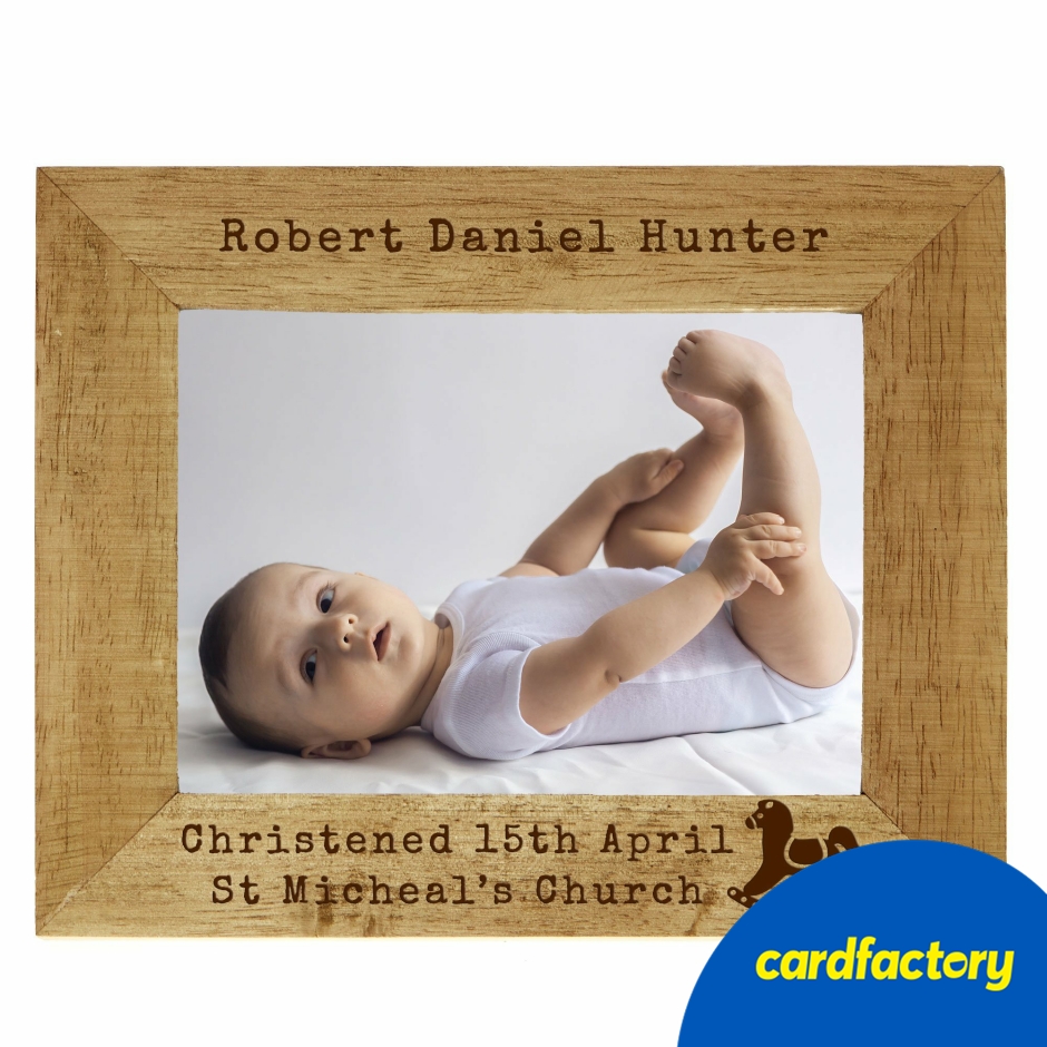 Image of Personalised Engraved Wooden Photo Frame | Christening Day Gift | Oak Material | Rocking Horse Icon | Available in 3 Sizes