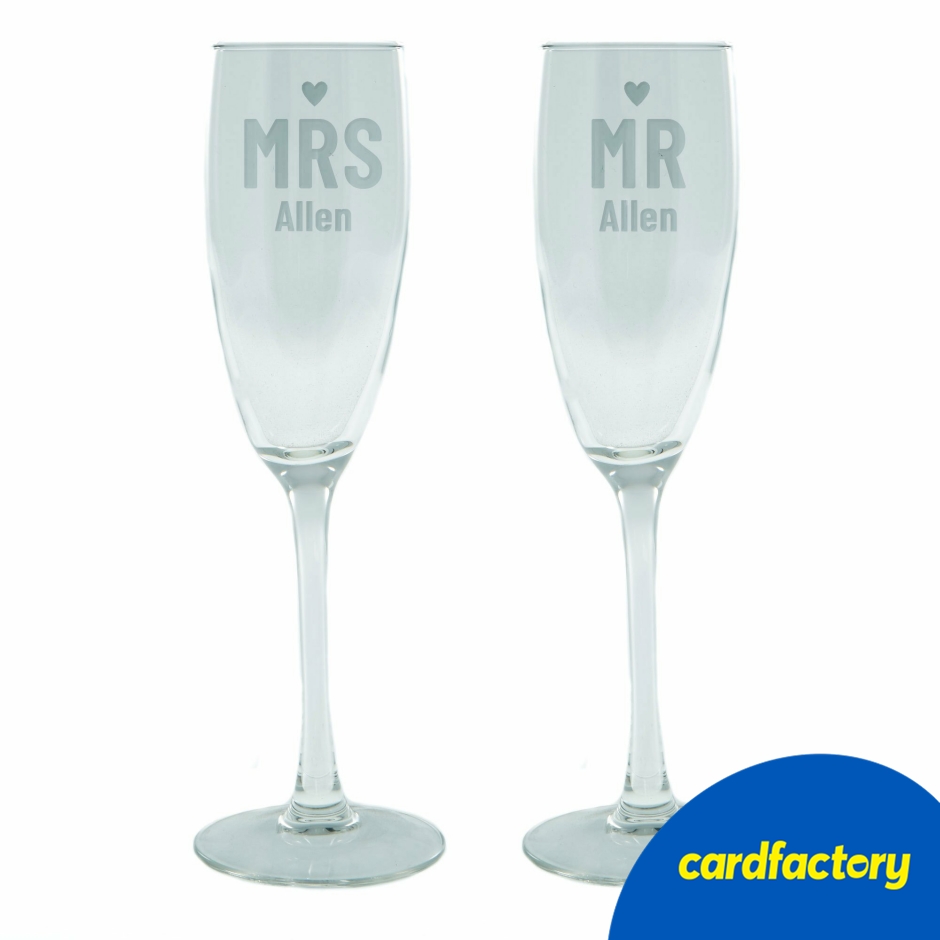 Image of Personalised Engraved Mr &amp; Mrs Champagne Flutes | Elegant Glass Gift Set | Stylish Heart Design | Unique Wedding Present | Hand-Wash Only