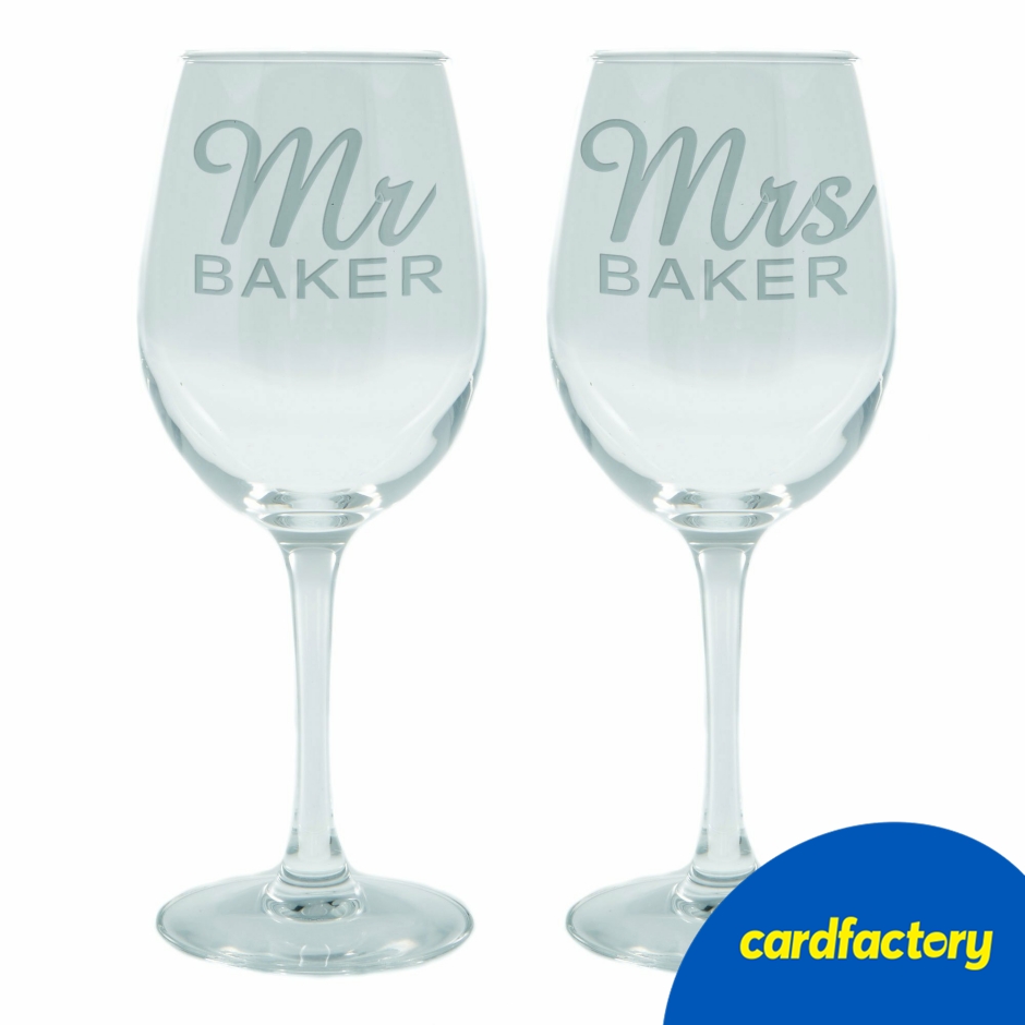 Image of Personalised Wine Glass Set | Mr &amp; Mrs Name Design | Customisable Surname | Glass Material | Hand-Wash Only | Set of 2