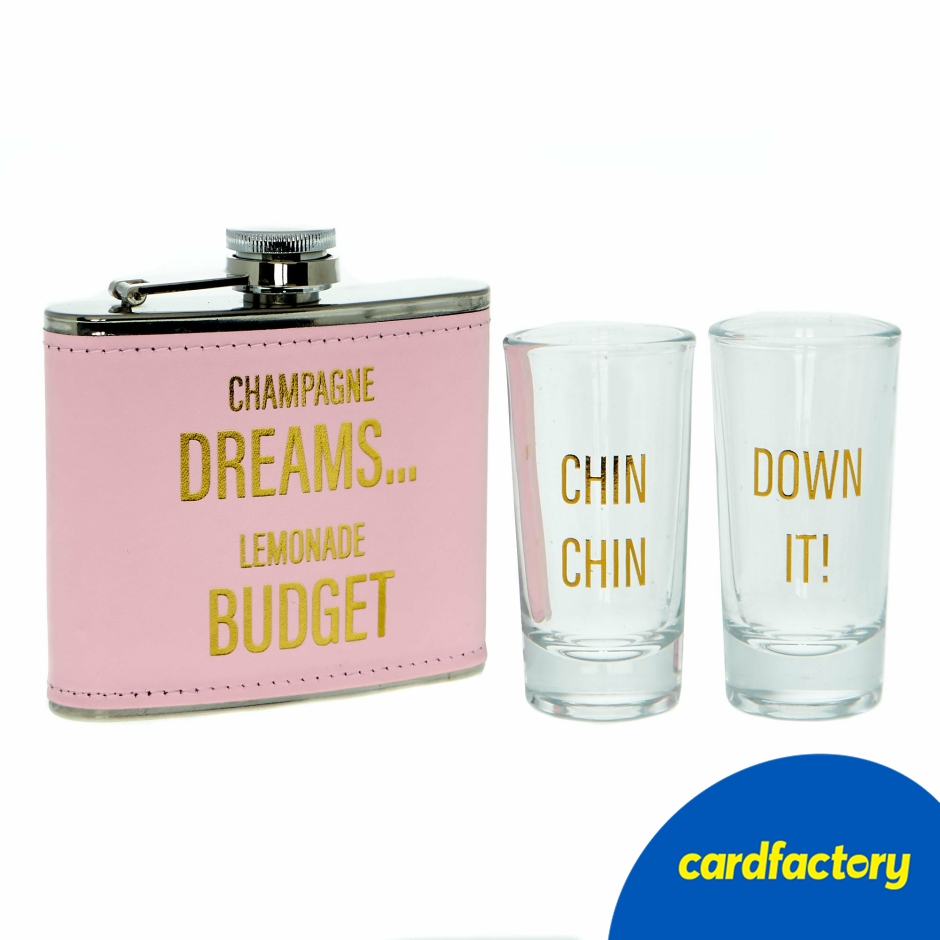 Image of Champagne Dreams Novelty Hip Flask &amp; Shot Glasses Set | Metal &amp; Glass | Perfect Gift for Her | 15cm x 20.5cm x 5cm | Fun Drinking Accessory