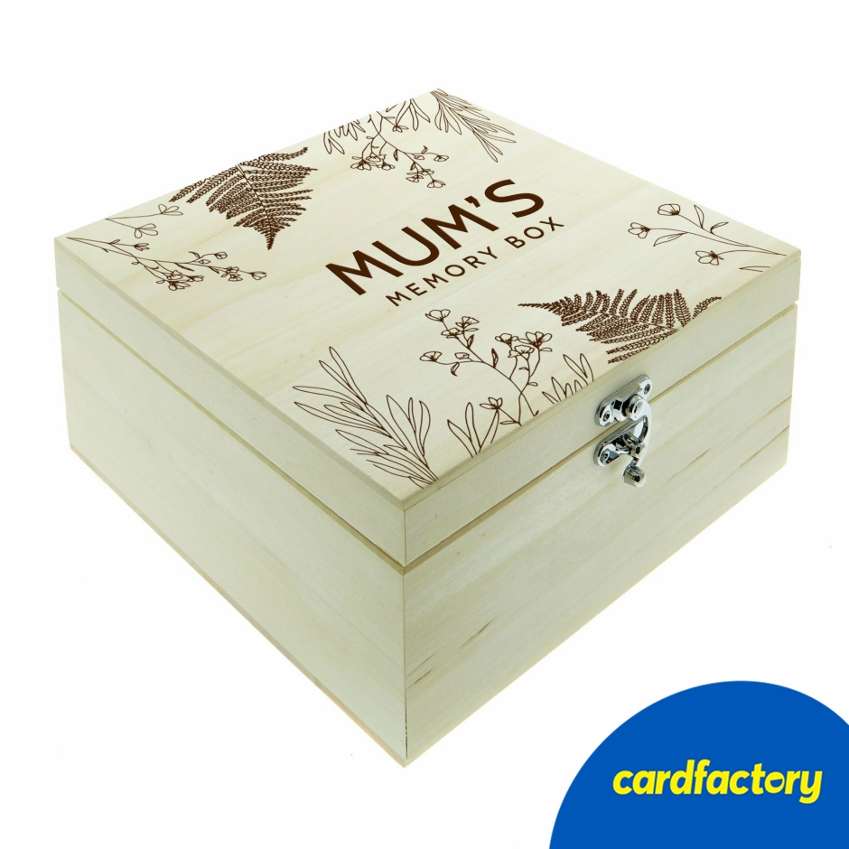Image of Personalised Engraved Wooden Memory Box | Botanical Keepsake Box | Custom Engraving | Memory Box for Her | Wood | H13cm x W28cm x D28cm