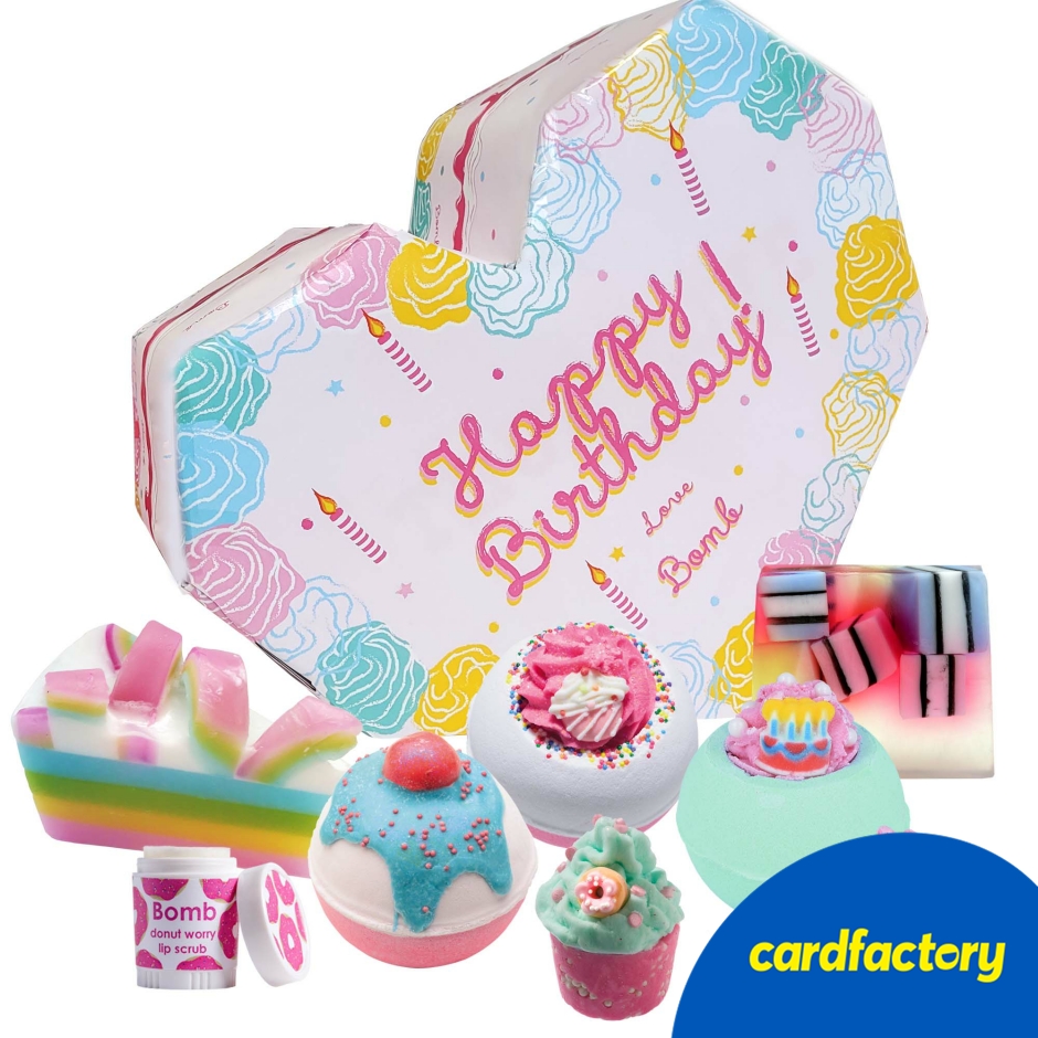 Image of Bomb Cosmetics Happy Birthday Gift Box | 7 Colourful Bath Bombs &amp; Lip Balm | Luxury Soak Experience | Large Size