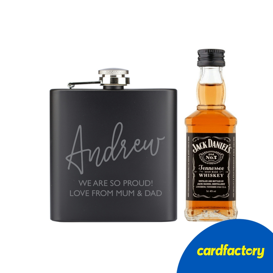 Image of Personalised Hip Flask &amp; Jack Daniels Whiskey Gift Set