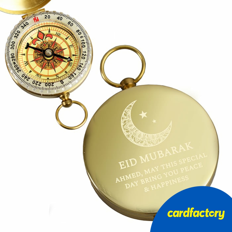 Image of Personalised Keepsake Compass for Eid and Ramadan | Brushed Metal Effect | Customisable Gift | Size: 5cm x 7cm x 1.5cm | Thoughtful Present