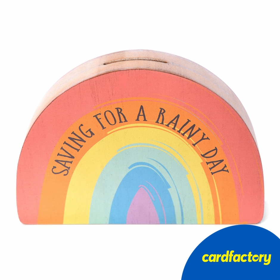 Image of Rainbow Money Box | Wooden Gift Coin Holder | Bright Home Decor | Saving for a Rainy Day Theme | 13.5cm x 4cm x 19.5cm