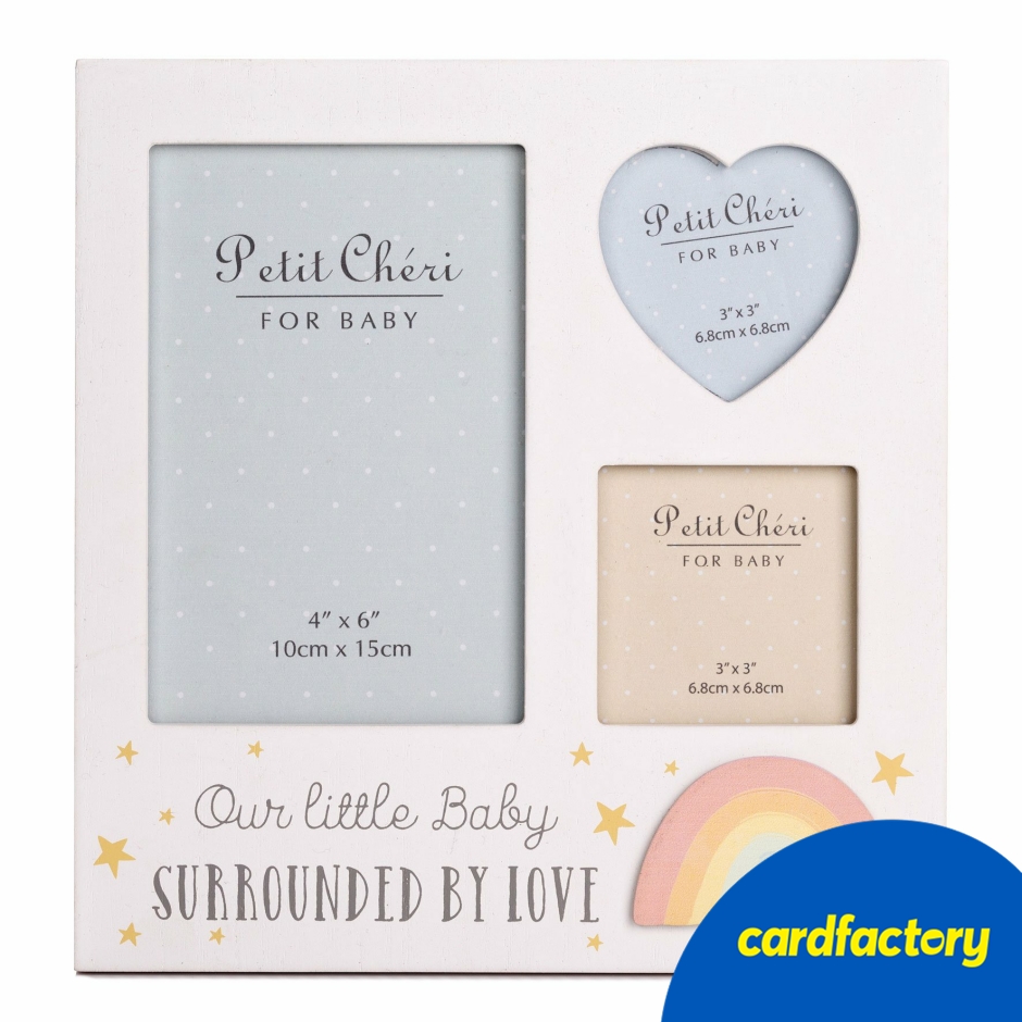 Image of Little Baby Collage Photo Frame | Rainbow Design | 'Surrounded by Love' Sentiment | Wood Material | Fits 1x 10x15cm &amp; 2x 6.8x6.8cm Photos | Perfect Gift