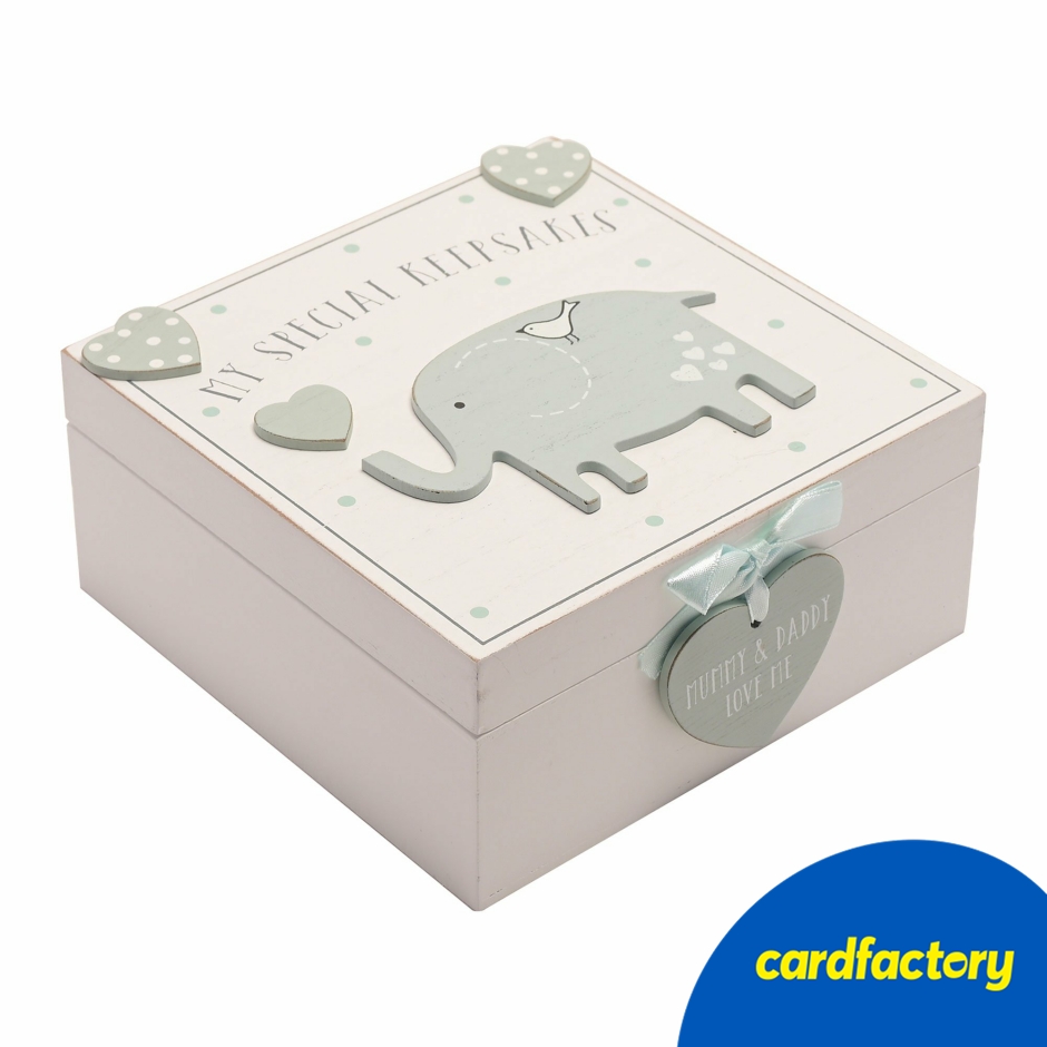 Image of Blue Wooden Keepsake Box with Baby Elephant Design | Perfect for Memories | Wood &amp; Ribbon | 7.5cm x 16.5cm x 16cm | Thoughtful Gift
