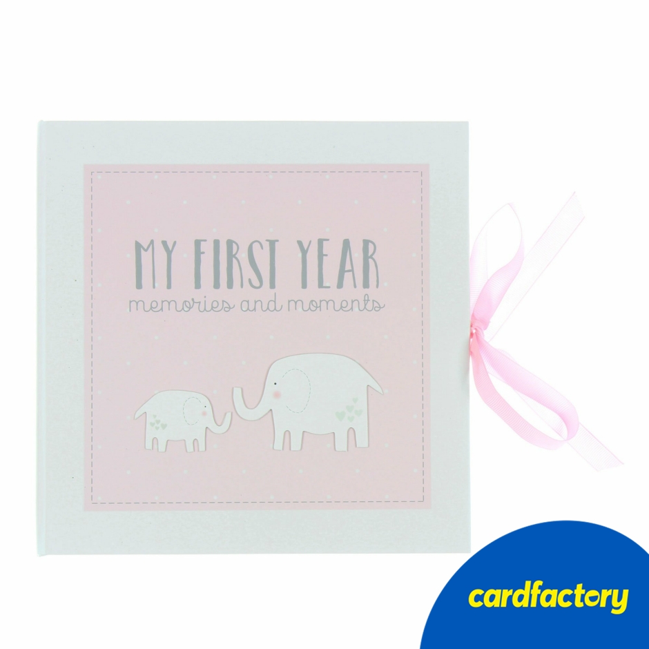 Image of My First Year Record Book | Pink Baby Elephant Design | Keepsake for New Parents | 22cm x 22cm x 1cm | Card, Paper, Ribbon