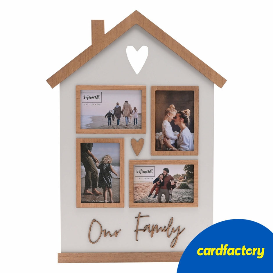 Image of House-Shaped Collage Photo Frame | Our Family Design | Wooden &amp; Glass Materials | Natural &amp; White Finish | Holds 4 Photos | Wall-Mountable | 58.5cm x 1.3cm x 41.5cm