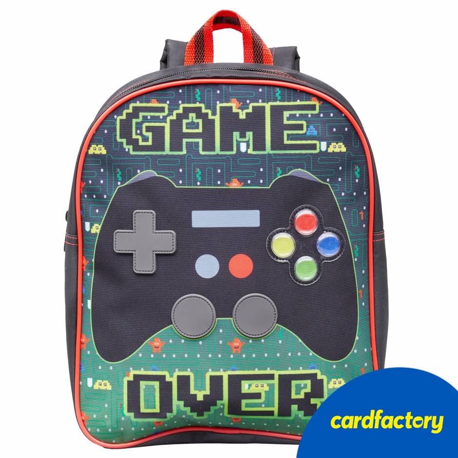 Image of Game Over Children's Backpack | Gaming Controller Design | Red Trims | Adjustable Straps | Polyester | 30cm x 25cm x 9cm