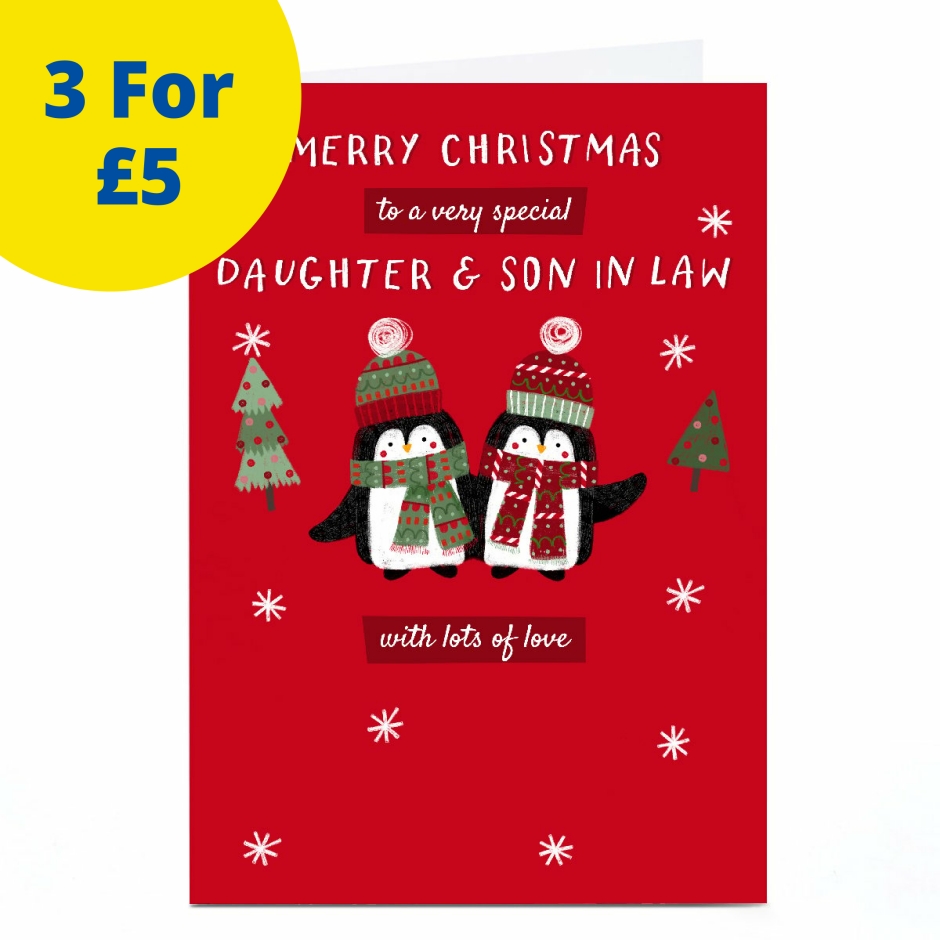 Image of Kerry Spurling Christmas Card - Bundled up Penguins, Daughter &amp; Son in Law | Christmas Cards