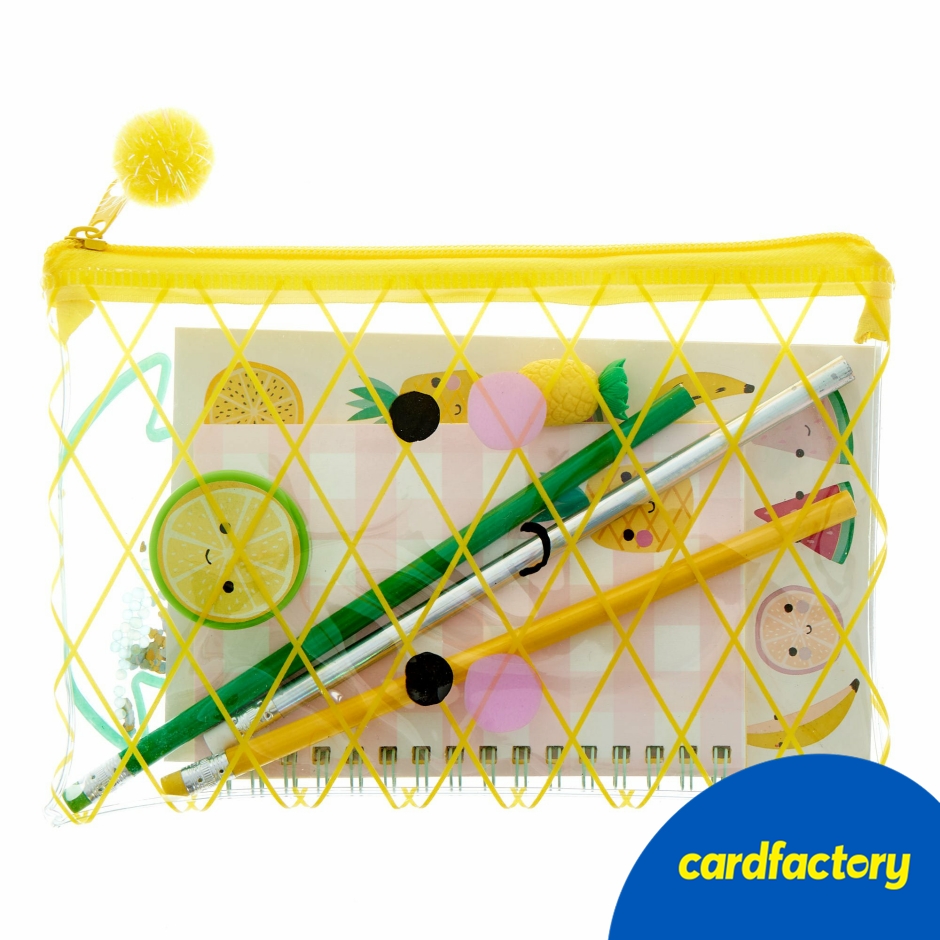 Image of Fruit Stationery Set | Fun and Fruity Characters | Includes Plastic Wallet, Sticker Sheet, Pencil Sharpener, Eraser, Notebook, and Pencils | Back to School Supplies