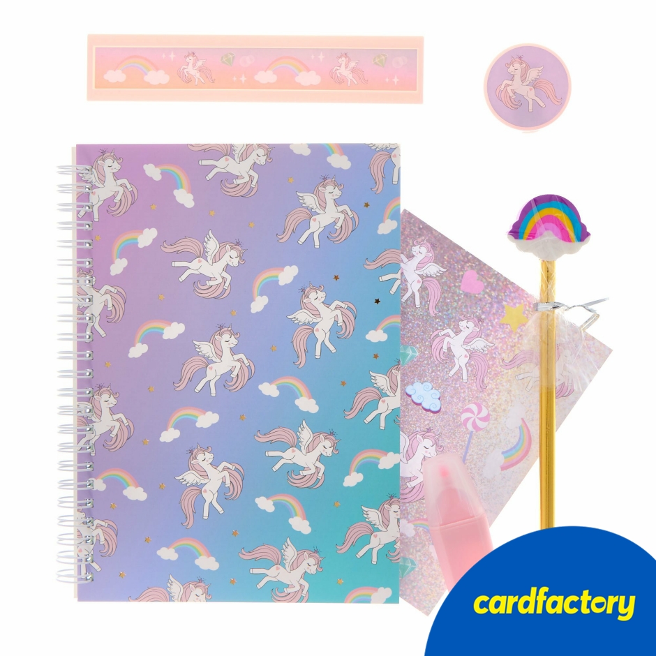 Image of Unicorn Stationery Set | Pink Theme | Shimmering Design | Includes Notebook, Sticker Sheet, Pencil, Eraser, Highlighter, Sharpener, Ruler | Perfect for Home or School