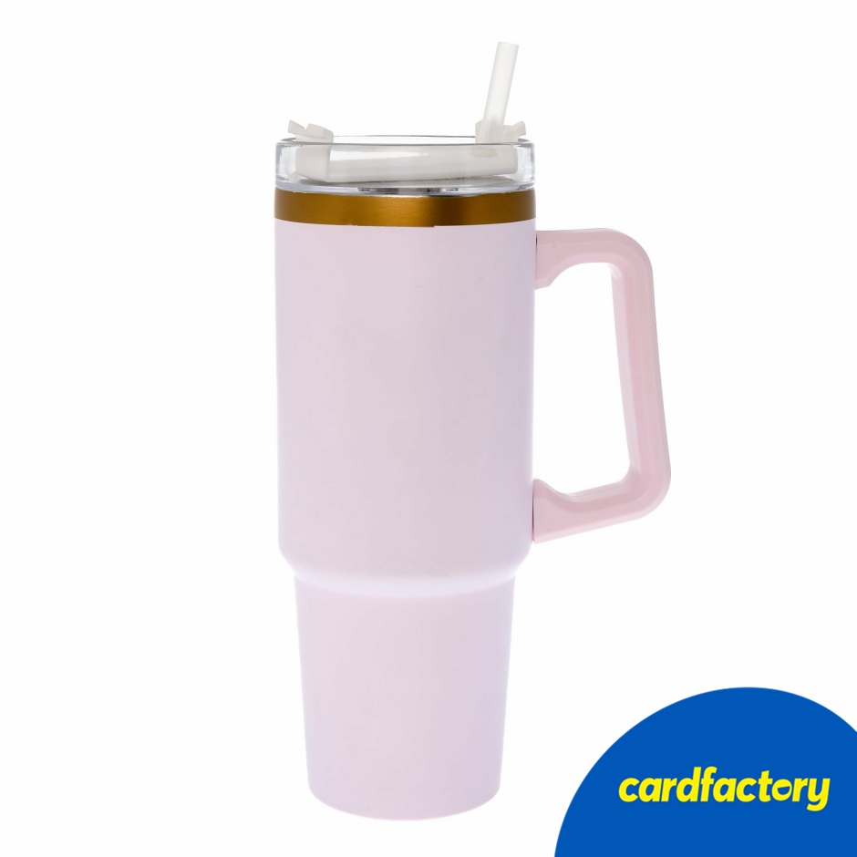 Image of Large Pink Travel Cup with Gold Foil Details | Perfect Gift | Secure Lid &amp; Flip-Up Straw | Carry Handle | 40oz Capacity | Plastic | Hand Wash Only