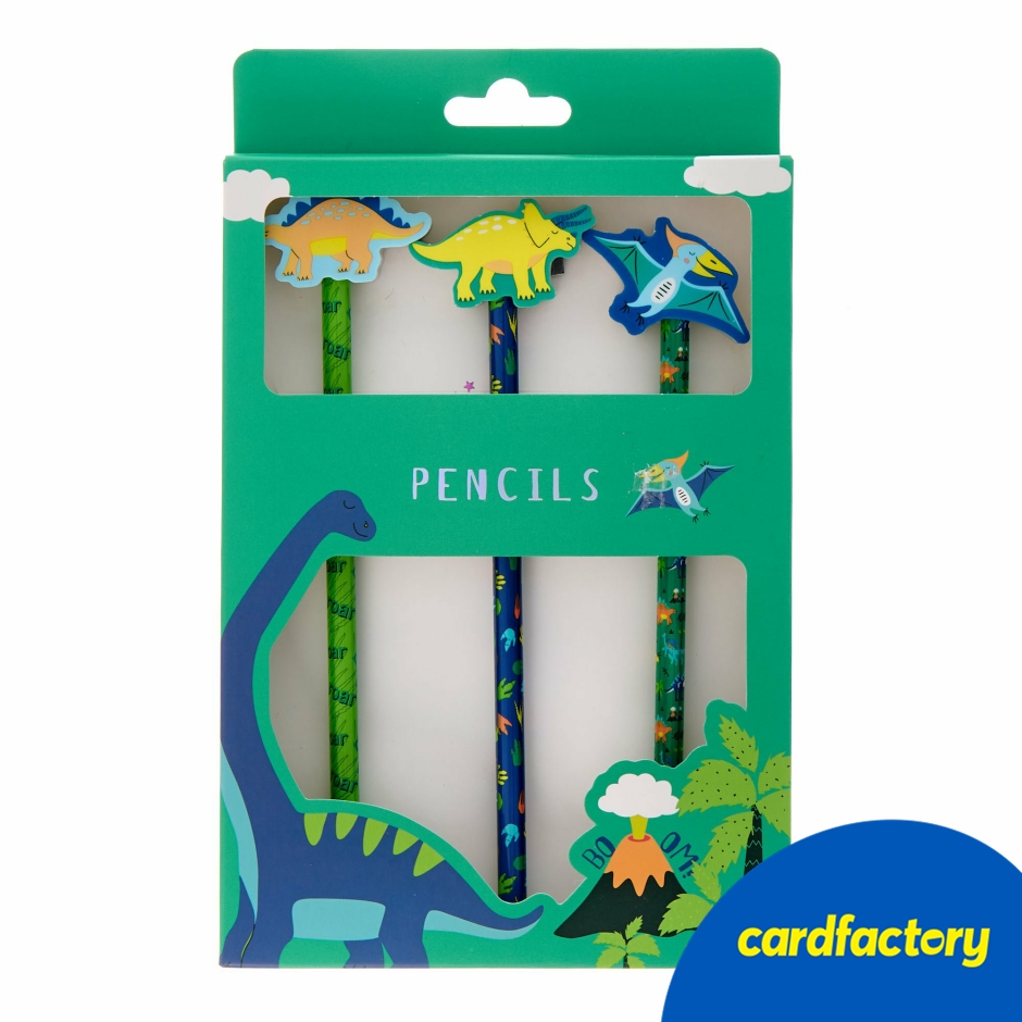 Image of Dinosaur Themed Graphite Pencils &amp; Erasers Set | Pack of 3 Pencils | Includes Stegosaurus, Pterodactyl, Triceratops Erasers | Fun Novelty Stationery