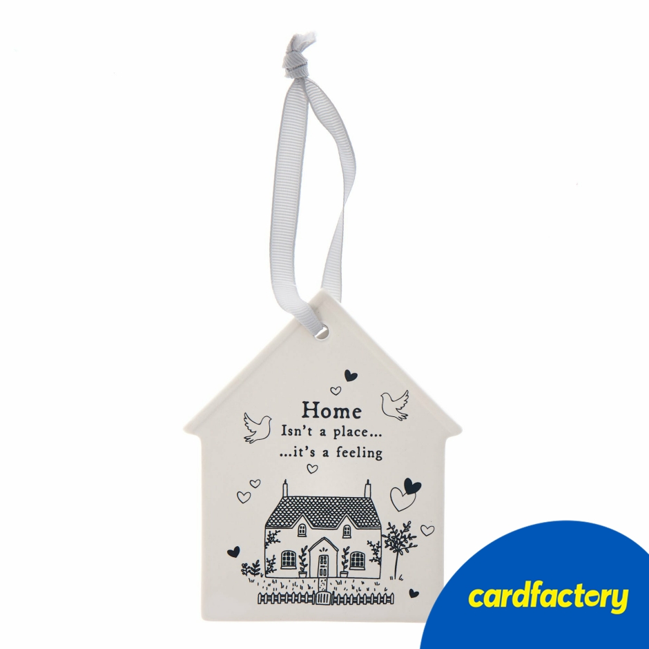 Image of Home Is A Feeling Ceramic Plaque | Heartfelt Home Decor Gift | Ribbon Hanger | 11.5cm x 8.5cm