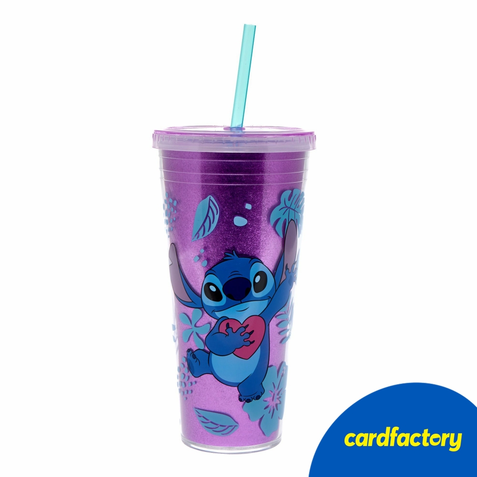 Image of Disney Stitch Gift Tumbler | Glittery Blue Alien Design | Purple | Screw Top Lid &amp; Straw | Plastic | 26cm x 10.2cm